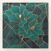 アールデコマーブルモザイクフローラエメラルドグリーン&金ゴールド ガラスコースター (正面)