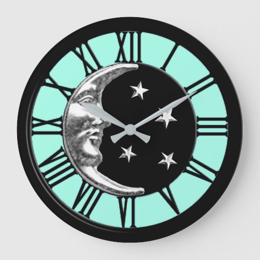アールデコムーンと星 – ブラック、アクア、シルバー ラージ壁時計 (正面)