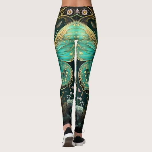 アールデコモダンティール（緑がかった色）ブルー金ゴールドバタフライヨガ レギンス (裏面)