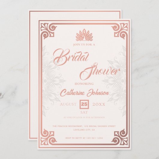 アールデコモダンピーコックバラピンクブライダルシャワー 招待状 (正面/裏面)
