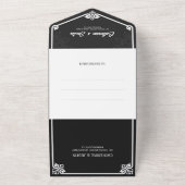 アールデコモダンピーコックホワイトとブラック結婚ズ オールインワン招待状 (外側)