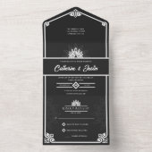 アールデコモダンピーコックホワイトとブラック結婚ズ オールインワン招待状 (内側)