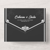 アールデコモダンピーコックホワイトとブラック結婚ズ オールインワン招待状 (裏面)