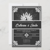 アールデコモダンピーコックホワイトとブラック結婚ズ 招待状 (正面)