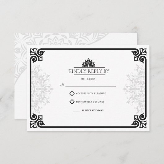 アールデコモダンピーコック白黒結婚ズ 出欠カード (正面/裏面)