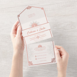 アールデコモダンピーコック赤面バラピンク結婚ズ オールインワン招待状