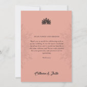 アールデコモダンピーコック赤面ピンクフォト結婚ズ サンキューカード (裏面)