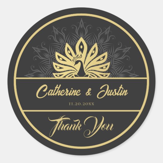 アールデコモダンピーコック金ゴールドとブラック結婚ズ ラウンドシール (正面)