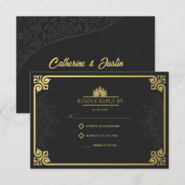 アールデコモダンピーコック金ゴールドとブラック結婚ズ 出欠カード