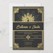 アールデコモダンピーコック金ゴールドとブラック結婚ズ 招待状 (正面)