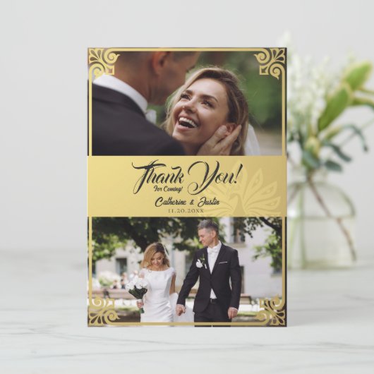 アールデコモダンピーコック金ゴールド2写真結婚の サンキューカード (スタンド正面)