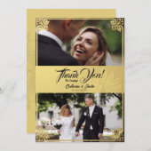アールデコモダンピーコック金ゴールド2写真結婚の サンキューカード (正面/裏面)