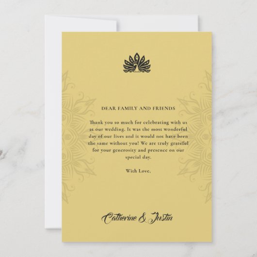 アールデコモダンピーコック金ゴールド4写真結婚の サンキューカード (裏面)