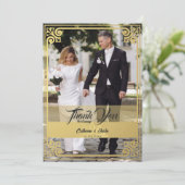 アールデコモダンピーコック金ゴールド&ブラックフォト結婚ズ サンキューカード (スタンド正面)