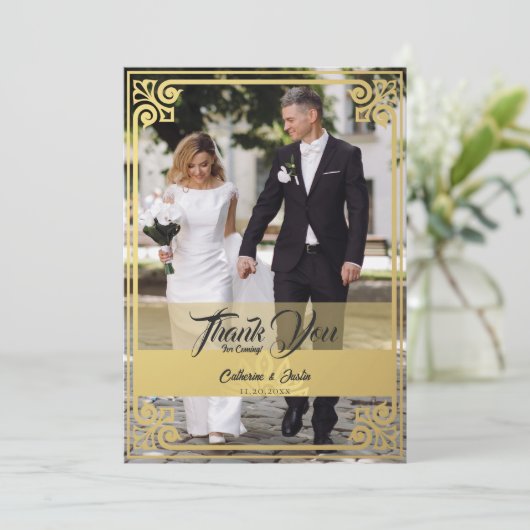 アールデコモダンピーコック金ゴールド&ブラックフォト結婚ズ サンキューカード (スタンド正面)