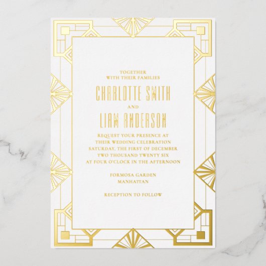 アールデコモダン金箔押し付きフローラ結婚' 箔招待状 (正面)