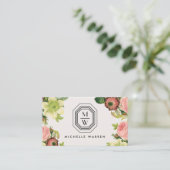 アールデコモノグラムとヴィンテージ花模様オンTan 名刺 (スタンド正面)