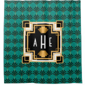 アールデコモノグラムのヴィンテージパルメトスティール（緑がかった色） シャワーカーテン (正面)