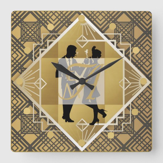 アールデコモノグラムフラッパーカップル新婚デコール スクエア壁時計 (正面)