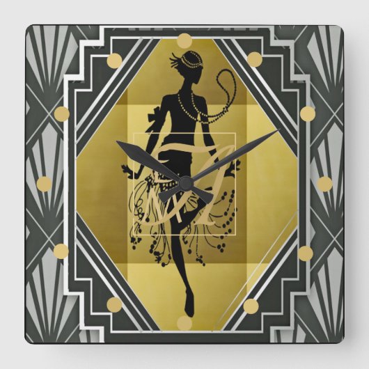 アールデコモノグラムフラッパー1920s女性ブラック金ゴールド スクエア壁時計 (正面)