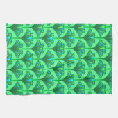アールデコユリ、ヒスイ緑およびターコイズ キッチンタオル (横)