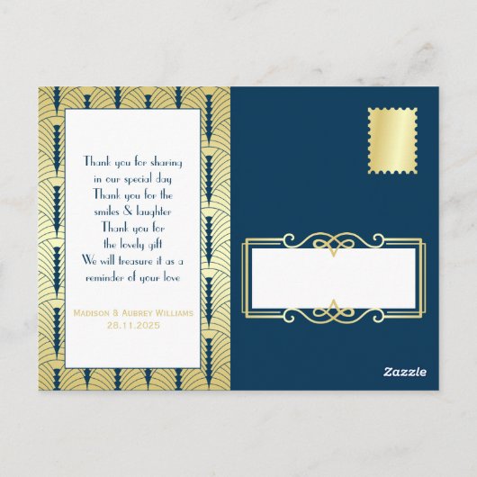 アールデコラブ&感謝してい金ゴールドダークブルーありがとう ポストカード (裏面)