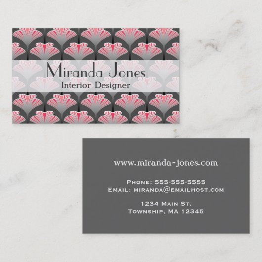 アールデコリリー、グレー/グレーとコーラルピンク 名刺 (正面/裏面)