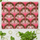 アールデコリリー、ダークブラウン、コーラルピンク キッチンタオル (折り畳み)