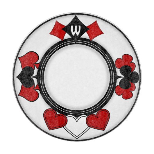 アールデコレッドとブラックのカードスーツモノグラムの カッティングボード (正面)