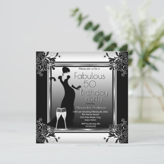 アールデコレディ白黒シャンパンバースデーパーティー 招待状 (スタンド正面)