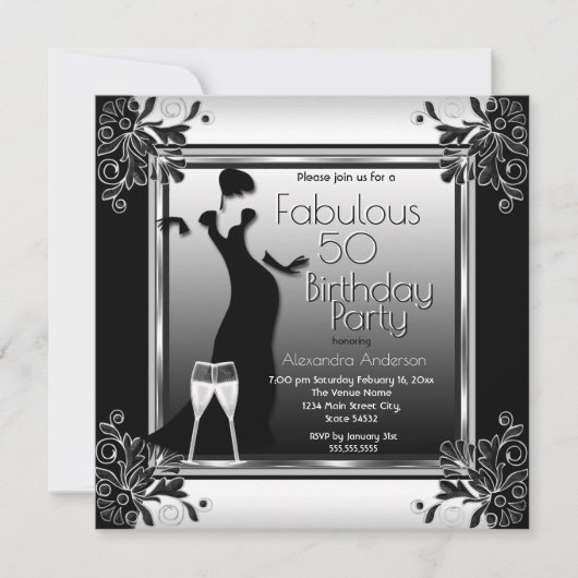 アールデコレディ白黒シャンパンバースデーパーティー 招待状 (正面)