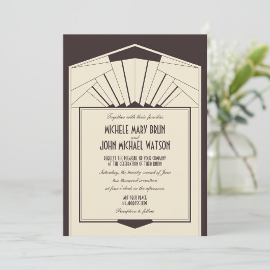 アールデコレトロフレームブラウン結婚式招待状 招待状 (スタンド正面)