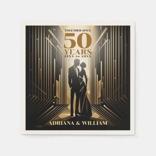 アールデコレトロブラック&金ゴールド結婚ズ・アニバーサリー スタンダードカクテルナプキン (正面)