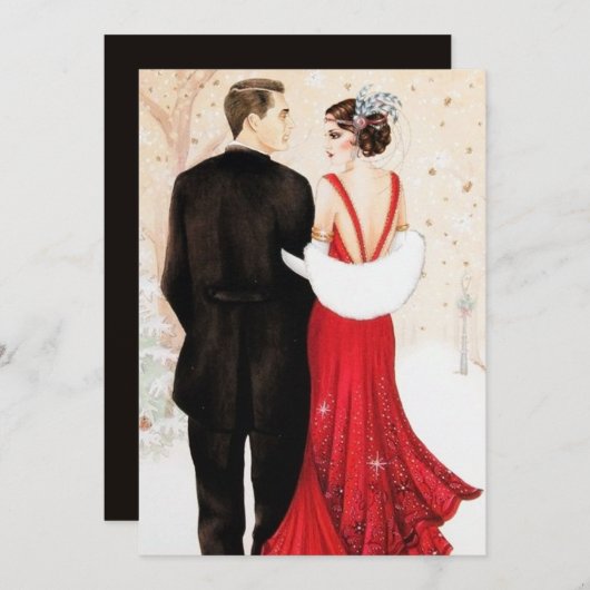 アールデコレトロヴィンテージカップルのメッセージ 招待状 (正面/裏面)