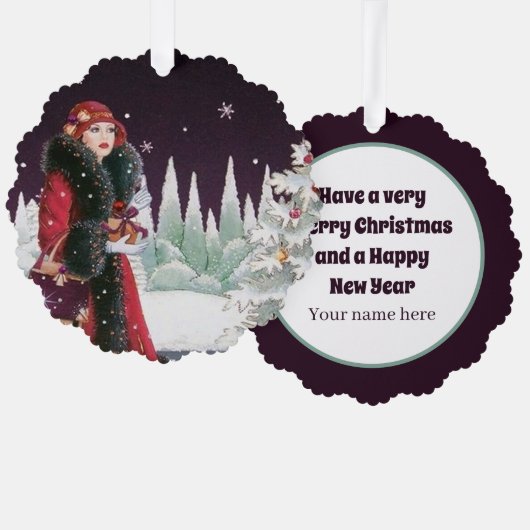 アールデコレトロヴィンテージクリスマスレディ オーナメントカード (正面/裏面)