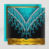 アールデコレトロ誕生日パーティー招待ティール(緑がかった色) 招待状 (正面/裏面)