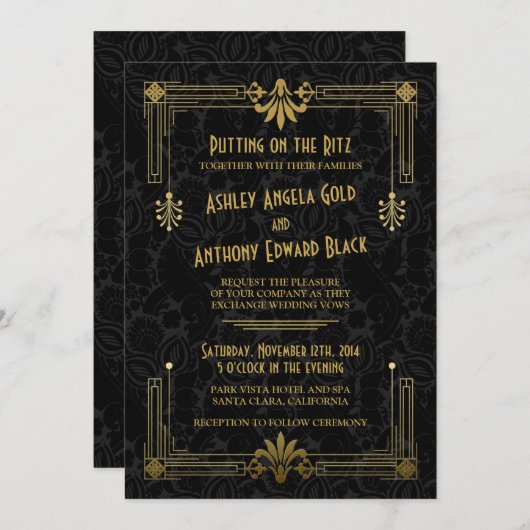 アールデコローアリング20sブラック金ゴールド結婚式招待状 招待状 (正面/裏面)