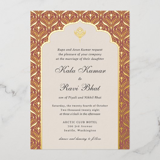 アールデコロータス金ゴールド結婚フローラ 箔招待状 (正面)