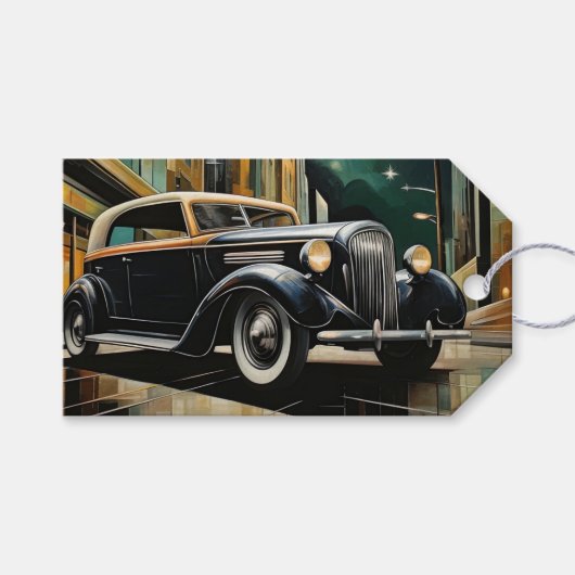 アールデコヴィンテージカーシティスケープ黒金ゴールドギフトラベル ギフトタグ (正面(横))