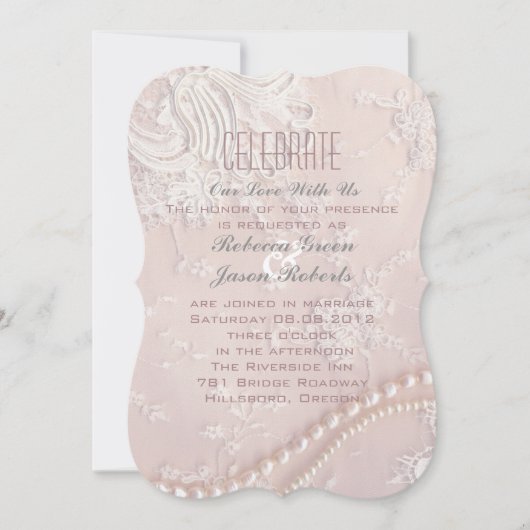 アールデコヴィンテージパールレース赤面結婚ピンク 招待状 (正面)