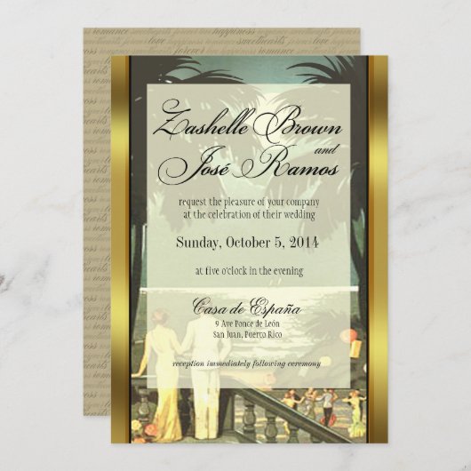 アールデコヴィンテージフェイクビーチ結婚ベルム 招待状 (正面/裏面)