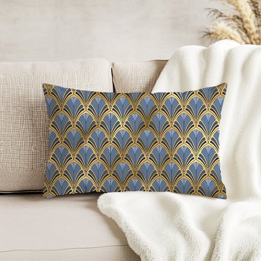 アールデコヴィンテージフローラファンパターンブルー金ゴールド アクセントクッション