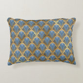 アールデコヴィンテージフローラファンパターンブルー金ゴールド アクセントクッション (正面)