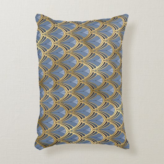 アールデコヴィンテージフローラファンパターンブルー金ゴールド アクセントクッション (正面(垂直))