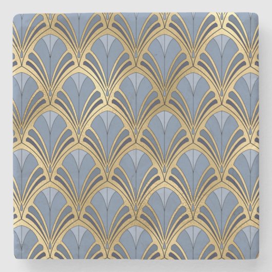 アールデコヴィンテージフローラファンパターンブルー金ゴールド ストーンコースター (正面)