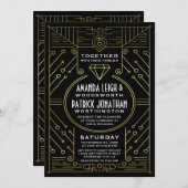 アールデコヴィンテージブラックおよび金ゴールド結婚式招待状 招待状 (正面/裏面)