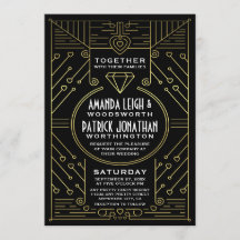 アールデコヴィンテージブラックおよび金ゴールド結婚式招待状