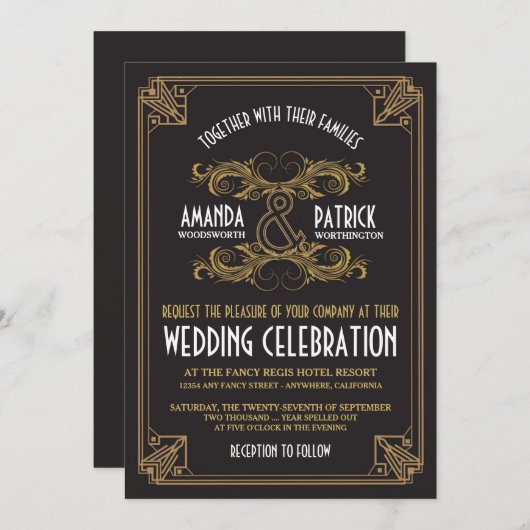 アールデコヴィンテージブラックおよび金ゴールド結婚式招待状 招待状 (正面/裏面)