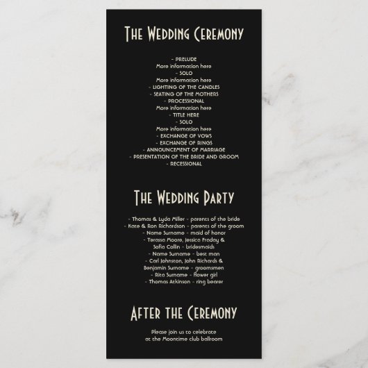 アールデコヴィンテージブラックおよび金ゴールド結婚式 プログラム (裏面)