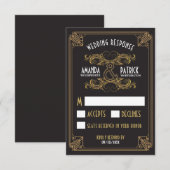 アールデコヴィンテージブラックと金ゴールドウェディングRSVPカード 出欠カード (正面/裏面)